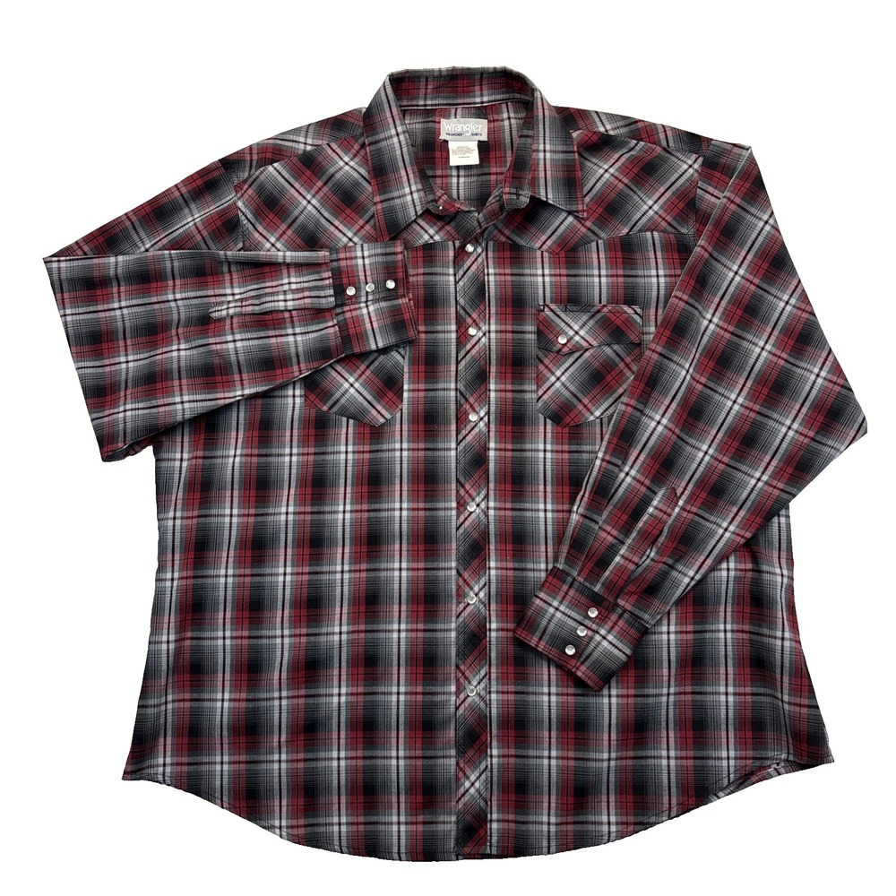 Wrangler Wrancher Pearl Snap Western Shirt Mens 2XL Red Plaid Long Sleeve Rodeo